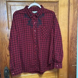 Time and Tru Red & Black flannel button down embroidery on collar & chest XL